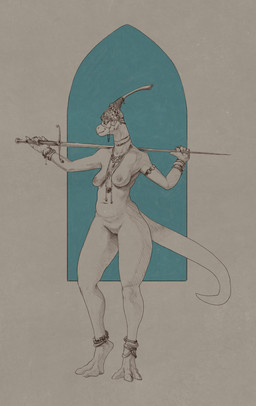 abstract_background anklet anthro areola armlet biped bracelet breasts female headdress jewelry looking_away medium_breasts melee_weapon mostly_nude navel nipples non-mammal_breasts non-mammal_navel non-mammal_nipples smile solo standing sword tail weapon flowerdino dinosaur hadrosaurid ornithischian ornithopod parasaurolophus prehistoric_species reptile scalie absurd_res full-length_portrait hatching_(art) hi_res portrait restricted_palette shaded