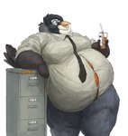 anthro belly beverage big_belly bottomwear button_(fastener) cabinet clothed clothing container cup disposable_cup drawer dress_shirt drinking_straw feathers filing_cabinet grey_body grey_feathers holding_beverage holding_object leaning leaning_on_object male necktie obese obese_anthro obese_male office orange_belly overweight overweight_anthro overweight_male pants shirt simple_background solo standing straining_buttons topwear white_background cettus avian bird oscine passerine robin_(bird) 2021 hi_res