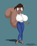 anthro big_breasts bottomwear breasts brown_body brown_eyes brown_fur brown_hair buckteeth bulge clothing copyright_symbol denim denim_bottomwear denim_clothing eyewear fur glasses gynomorph hair huge_breasts intersex jeans nipple_outline pants shadow simple_background solo symbol teeth doug_winger mammal rodent sciurid tree_squirrel 2005