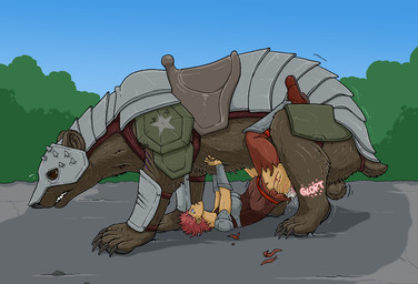 ambiguous_penetration armor balls bestiality blood blue_eyes bodily_fluids brown_body brown_eyes brown_fur clenched_teeth clothing cum cum_inside dominant dominant_feral dominant_male duo female female_human female_penetrated feral feral_on_top feral_penetrating feral_penetrating_human forced fur furgonomics genital_fluids genitals hair human_on_feral human_penetrated imminent_death interspecies larger_feral larger_male male male/female male_feral male_penetrating male_penetrating_female mount outside penetration penile penile_penetration penis rape red_hair saddle scratches sex short_tail size_difference smaller_female smaller_human smaller_penetrated tail teeth torn_clothing vaginal wounded strega fallout microsoft andrei_(strega) bear human mammal yao_guai 2025 hi_res story story_in_description