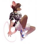 5_fingers anthro biped bottomwear breasts brown_hair claws clothed clothing eyes_closed female fingers hair hand_behind_back long_tail pink_nose pose rat_tail shoelaces short_hair shorts simple_background solo tail text text_on_clothing text_on_t-shirt text_on_topwear thin_tail topwear whiskers white_background white_whiskers kyander tilde mammal murid murine rat rodent 2018 artist_name dated hi_res