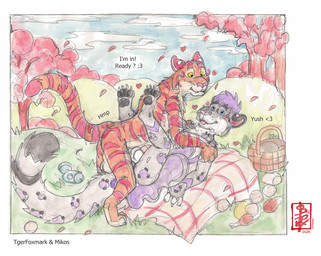 anal anal_penetration animal_genitalia animal_penis anthro balls blush blush_lines bottomwear cherry_blossom cherry_tree clothed clothing crossdressing erection feline_genitalia feline_penis flower from_front_position fruit_tree genitals grass lying male male/male mikos_snep missionary_position nude on_back on_grass on_ground park penetration penis picnic plant prunus_(flower) sex skirt solo sound_effects text tongue tongue_out tree fennec_(artist) touch_grass tger_foxmark felid mammal pantherine snow_leopard tiger