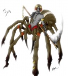 claws hair jewelry looking_at_viewer male melee_weapon navel nipple_piercing nipples nude piercing polearm red_eyes scythe solo tattoo tongue weapon unknown_artist syn arachnid arthropod spider taur