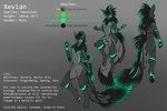 anthro bioluminescence black_stripes feathers fur glowing green_body green_eyes green_feathers green_fur grey_body grey_fur male solo stripes text angiewolf xevian_(xevianlight) rexouium 3:2 absurd_res english_text hi_res model_sheet