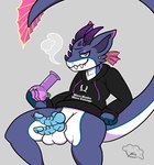 2_penises anthro balls belly blue_penis bong clothing drugs dual_wielding ear_piercing fin genitals holding_object holding_weapon hoodie horn male marijuana markings multi_genitalia multi_penis multicolored_eyes multiple_piercings penis piercing pink_fins purple_body relaxing sitting smoke smoke_from_nose smug smug_face solo star star_(marking) stoned striped_body stripes substance_intoxication topwear weapon white_balls white_belly white_body pierogipie capcom monster_hunter mythology dragon fish marine mythological_creature mythological_scalie scalie shark absurd_res hi_res