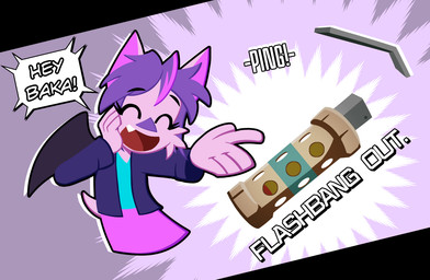 ^_^ anthro baka bottomwear cheek_tuft clothing dialogue explosion eyes_closed facial_tuft female flashbang fur happy humor jacket open_mouth pink_body pink_fur shirt skirt smile solo speech_bubble text throwing_object topwear tuft weeaboo acesential summertown_mall rowena_lacson bat mammal