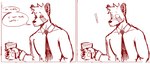 anthro blush blush_lines canid canine container cup dialogue dialogue_box digital_drawing_(artwork) digital_media_(artwork) eebahdeebah eyes_closed glass glass_container glass_cup hi_res male mammal monochrome muscle_tone muscular muscular_anthro muscular_male necktie niko_(eebahdeebah) office_clothing raccoon_dog red_and_white simple_background solo tanuki white_background wide_eyed