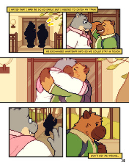 anthro blush brown_body brown_fur clothed clothing duo fur hug male male/male outside overweight overweight_anthro overweight_male smile text conditional_dnp mabit gabe_(mabit) manny_(mabit) capybara caviid common_hippopotamus hippopotamid mammal rodent 2026 comic digital_media_(artwork) english_text hi_res pixel_(artwork)
