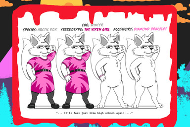 1980s_theme accessory_only anthro belt blood bodily_fluids bracelet bright_colors cheek_tuft chest_tuft clothing dress dress_shoes eyeshadow facial_tuft female fur hand_on_hip hands_behind_head head_tuft horror_(theme) jewelry leggings legwear makeup no_genitals nude pink_clothing pointed_tail pointy_ears smile solo tuft white_body white_fur alystairphantem the_party_animals valerie_snowden_(the_party_animals) arctic_fox canid canine fox mammal true_fox 3:2 absurd_res hi_res