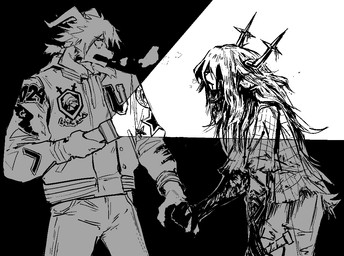 anthro black_background duo female flashlight hair horn long_hair male simple_background heartbreak_juan deltarune undertale undertale_(series) asriel_dreemurr dess_holiday bovid caprine deer goat mammal new_world_deer reindeer 2025 monochrome
