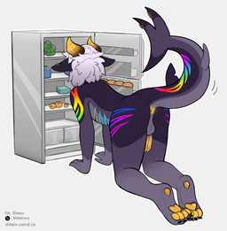 2_horns 2_penises all_fours anthro anus appliance balls butt ear_piercing fridge furgonomic_piercing furgonomics genitals horn kitchen_appliance male multi_genitalia multi_penis nude pawpads paws penis piercing raised_tail rear_view rgb shark_penis shark_tail solo tail tail_piercing shtein aquatic fish hybrid shark hi_res