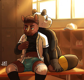 anthro blush boxer_briefs bulge clothed clothing detailed_bulge duo erection erection_under_clothing genital_outline hand_holding inside locker locker_room looking_back male male/male overweight penis_outline shy size_difference sky underwear young young_anthro jeck bear equid equine giant_panda horse mammal 2015 hi_res