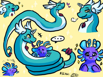 ambiguous_gender antennae_(anatomy) anthro biped blue_body blue_markings cheek_markings coiling countershading facial_markings feathered_wings feathers feral gem head_markings horn markings purple_body red_markings serpentine tongue tongue_out unicorn_horn whiskers white_body wings yellow_eyes gyrotech ryukiri nintendo pokemon rain_world videocult fan_character gwini_(gyro) yoku_(gyrotech) dragonair generation_1_pokemon pokemon_(species) slugcat 4:3 hi_res