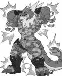 anthro anthrofied boots clothing flexing footwear male muscular muscular_male shoes solo torn_clothing transformation eda nintendo pokemon dinosaur fossil_pokemon generation_6_pokemon pokemon_(species) prehistoric_species reptile scalie tyrantrum hi_res monochrome