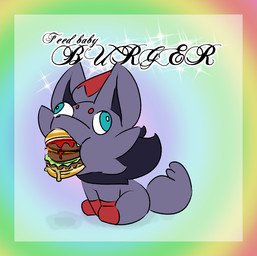 ambiguous_gender black_body black_fur blue_eyes burger feral food food_in_mouth fur grey_body grey_fur leg_markings markings red_body red_fur socks_(marking) solo sparkles tail text redpawner nintendo pokemon generation_5_pokemon pokemon_(species) zorua 2026 digital_drawing_(artwork) digital_media_(artwork) english_description english_text