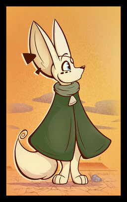 3_toes anthro big_ears black_border black_eyebrows black_markings black_nose blue_eyes border circle_(marking) clothed clothing cloud desert detailed_background dirt ear_piercing evening eyebrows facial_markings feet fluffy fluffy_tail fur green_poncho head_markings male markings mouth_closed outside piercing poncho raised_eyebrows rock solo standing tail toes white_body white_fur 4foxsakes alexander_leblanc_(4foxsakes) canid canine fennec_fox fox mammal true_fox 2024 absurd_res hi_res