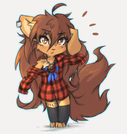 ahoge anthro big_tail black_nose brown_body brown_eyes brown_fur brown_hair cheek_tuft chest_markings chest_tattoo chibi clothed clothing collared_shirt cowlick dreamcatcher dress_shirt ear_piercing emanata eyebrow_through_hair eyebrows eyelashes facial_markings facial_piercing facial_tattoo facial_tuft female female_anthro floppy_ears folded_ears fur furgonomic_piercing furgonomics gauged_ear grey_background hair head_markings inner_ear_fluff jewelry leg_markings leg_tattoo leg_warmers legwear long_hair looking_at_viewer markings messy_hair mottled mottled_nose muzzle_piercing neck_markings neck_tattoo necklace nose_piercing off_shoulder open_mouth oversized_clothing oversized_shirt oversized_topwear pattern_clothing pattern_shirt pattern_topwear piercing pink_nose plaid plaid_clothing plaid_shirt plaid_topwear raised_arms raised_eyebrow shadow shirt simple_background solo standing tail tattoo topwear translucent translucent_hair tuft tinygaypirate apogee_(tinygaypirate) canid canine canis domestic_dog mammal spitz hi_res