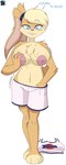 anthro basketball_uniform big_breasts blonde_hair bodily_fluids breast_grab breasts clothing crossgender dialogue exposed_breasts female floppy_ears fondling fur gender_transformation hair hand_in_shorts hand_on_breast nipples ponytail_ears possession self_fondle solo sportswear sweat text transformation undressing uniform dezzy_draws looney_tunes warner_brothers lola_bunny lagomorph leporid mammal rabbit better_version_at_source digital_media_(artwork) english_text hi_res