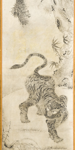 3_fingers 3_toes ambiguous_feral ambiguous_gender detailed_background digitigrade fangs feet feral fingers fur grass high-angle_view leaf looking_aside markings plant quadruped smile smirk solo striped_body striped_fur striped_markings striped_tail stripes tail tail_markings tail_tuft teeth toes tree tuft whiskers unknown_artist public_domain felid mammal pantherine tiger 19th_century absurd_res ancient_art hi_res monochrome painting_(artwork) traditional_media_(artwork) traditional_painting_(artwork)