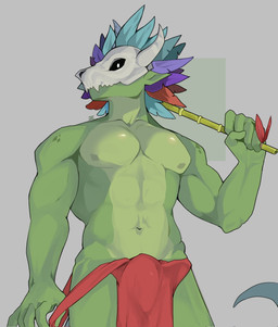 5_fingers anthro bamboo bamboo_stick bone bone_mask bottomwear bottomwear_pull bulge clothed clothing clothing_pull feathered_headdress fingers green_body holding_object holding_stick logo loincloth loincloth_pull looking_aside male mask muscular muscular_anthro muscular_arms muscular_male navel pecs pointy_ears skull skull_mask solo stick topless topless_anthro topless_male butfdai terraria witch_doctor_(terraria) lihzahrd lizard reptile scalie 2026 artist_logo digital_media_(artwork) hi_res