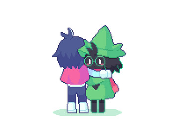 anthro blush clothing duo eyewear glasses hat headgear headwear heart_symbol horn hug male scarf simple_background sparkles white_background kae77p deltarune undertale_(series) kris_dreemurr ralsei bovid caprine darkner goat human mammal animated digital_media_(artwork) pixel_(artwork) pixel_animation