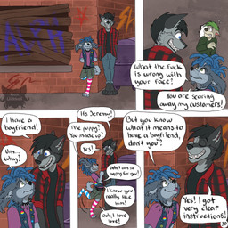 alley anthro barefoot belt black_clothing black_hair black_shirt black_topwear blep blue_hair boarded_window bottomwear cheek_tuft clothed clothing collar creepy_smile dialogue dumpster eye_contact eyebrow_piercing facial_piercing facial_tuft feet five_frame_image flannel_shirt front_view fur graffiti graffiti_on_wall grey_body grey_fur grin group hair leaning_on_wall logo looking_at_another male nose_piercing outside page_number pants piercing pink_clothing pink_shirt pink_topwear profanity scared sharp_teeth shirt shorts smile speech_bubble spiked_belt spiked_collar spikes standing teeth text tongue tongue_out tongue_piercing toothy_grin topwear trio tuft vest kriek_wildebeest background_character parker_(kriek_wildebeest) tom_(kriek_wildebeest) bird_dog canid canine canis cavalier_king_charles_spaniel domestic_dog hunting_dog husky hybrid mammal nordic_sled_dog spaniel spitz toy_dog wolf 1:1 artist_logo comic digital_drawing_(artwork) digital_media_(artwork) english_text hi_res multiple_scenes nonbinary_(lore)