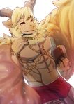 abs anthro blonde_hair bottomwear bulge chain clothing hair male muscular muscular_anthro muscular_male nipples pecs shorts solo wings asleepchef lifewonders tokyo_afterschool_summoners azazel_(tas) angel bovid caprine goat mammal hi_res