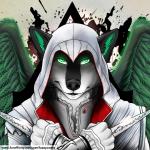 anthro black_body black_fur blade clothed clothing feathers fur green_body green_eyes green_fur hood ins_creed looking_at_viewer male multicolored_body multicolored_fur simple_background solo weapon white_body white_fur wings fuzzycoma assassin's_creed ubisoft pitch canid canine canis domestic_dog husky mammal nordic_sled_dog spitz 1:1 digital_media_(artwork)