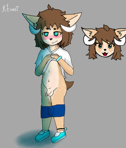 2_horns anklet anthro blue_eyes blush bracelet brown_hair circumcised clothing genitals hair horn jewelry male nude penis presenting shirt shota shy small_penis small_tail solo t-shirt tail topwear underwear young young_anthro young_male rfrostp mizu_(mizunee) deer mammal hi_res