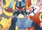 absurd_res anthro anus balls blush bodily_fluids censor_bar censored cinderace countershading erection foreskin generation_4_pokemon generation_7_pokemon generation_8_pokemon genital_fluids genitals group heart_eyes heart_symbol hi_res ineffective_censorship legendary_pokemon looking_at_viewer lucario lying male male/male male_focus nintendo nude on_back open_mouth penis pokemon pokemon_(species) precum seductive take_your_pick tongue yousan zeraora