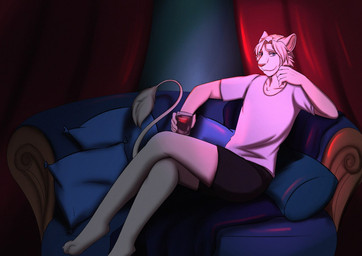 anthro beverage clothing container cup fur hair male smile solo tail white_body white_fur white_hair kareza rwanda_star felid feline lion mammal pantherine