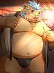 anthro asian_clothing belly blush brown_body brown_fur bulge clothing east_asian_clothing fundoshi fur happi_(clothing) japanese_clothing male musclegut muscular navel nipples pecs solo tusks underwear undressing inunodaidokoro lifewonders tokyo_afterschool_summoners ganglie_(tas) mammal suid suina sus_(pig) wild_boar absurd_res hi_res