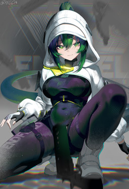 accessory ankle_boots black_bodysuit black_clothing black_skinsuit bodysuit boots breasts clothing convenient_censorship crouching female fingerless_gloves footwear gloves green_eyes green_hair gun hair hair_accessory hair_between_eyes handgun handwear hood jacket long_hair long_sleeves medium_breasts navel_outline pistol ponytail ranged_weapon rsh-12 shoes skinsuit smile solo tail tight_clothing topwear weapon white_boots white_clothing white_footwear white_jacket white_topwear heca arknights arknights_endfield hypergryph studio_montagne fluorite_(arknights) animal_humanoid humanoid reptile reptile_humanoid scalie scalie_humanoid snake_humanoid absurd_res hi_res