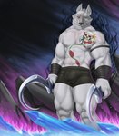 2024 abs absurd_res anthro arm_wrapping arm_wraps armband aura biceps black_nose bone bottomwear boxer_briefs boxers_(clothing) bulge canid canine canis cheek_tuft chest_tattoo clothed clothed_anthro clothed_male clothing crystal death_(puss_in_boots) dreamworks dual_wielding facial_markings facial_tuft fire fire_background fur fuzzy grin hamili head_markings hi_res holding_object holding_weapon humanoid_hands looking_at_viewer male mammal markings mask_(marking) muscular muscular_anthro muscular_male muscular_thighs narrowed_eyes navel neck_tuft nipples pecs puss_in_boots_(dreamworks) red_eyes shorts sickle skull smile solo standing tailless tattoo teeth topless topless_anthro topless_male tuft underwear vein veiny_muscles weapon white_body white_fur wolf wrapped_arms wraps wrist_wraps