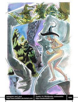 4_toes 5_fingers ambiguous_gender angry anthro arms_bent black_clothing black_hat black_headwear blue_hair blue_sky breasts claws clenched_teeth clothing convenient_censorship crane_(machine) empty_eyes eyewear feet female female_human female_humanoid fingers fist fur furrowed_brow furrowed_eyebrows goggles goggles_around_neck green_body green_clothing green_fur green_hair green_hat green_headwear green_sclera group hair hat headgear headwear holding_melee_weapon holding_object holding_weapon inanimate_transformation light magic_user male male_anthro medium_hair melee_weapon mostly_nude_female mostly_nude_human not_furry_focus number outside petrification plant possession raised_arm sky slime snarling teeth text text_box toes transformation walking weapon witch witch_hat axelmedellin inktober shapeshifter_(axelmedellin) witch_(axelmedellin) cryptid elemental_creature flora_fauna ghost human humanoid mammal sasquatch spirit 2025 artist_name colored dated english_description lighting multiple_scenes painting_(artwork) pen_(artwork) shaded signature traditional_media_(artwork) url