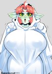 ahoge bedsheet_ghost big_breasts breasts female freckles ghost_costume green_body green_eyes green_skin grey_background hair huge_breasts humanoid_pointy_ears looking_at_viewer nipple_outline not_furry notched_ear open_mouth pointy_ears red_hair simple_background solo yellow_sclera nerdbayne anart_(cliffpadfoot) goblin humanoid 2023 absurd_res hi_res signature