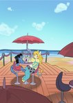 anthro banana barefoot beach black_bottomwear black_clothing black_hair black_horn black_shorts blonde_mane blue_body blue_fur blue_scales blue_sky blush bottomwear chair checkered checkered_bottomwear checkered_clothing checkered_shorts clothed clothing cloud day detailed_background digitigrade drinking drinking_straw duo eating eating_food eye_contact feet food fruit fur furniture grey_bottomwear grey_clothing grey_shorts hair hooves horn ice_cream_sundae long_hair looking_at_another male male/male mane multicolored_bottomwear multicolored_clothing multicolored_shorts notched_ear on_chair outside parasol pattern_bottomwear pattern_clothing pattern_shorts pink_blush pink_nose plant red_bottomwear red_clothing red_shorts sand scales sea shorts shorts_only silly_straw sitting sitting_at_table sitting_on_chair size_difference sky smile snout table tail tail_tuft topless tuft two_tone_bottomwear two_tone_clothing two_tone_shorts unguligrade water yellow_body yellow_eyes yellow_fur yellow_hooves martindosent domestic_pig kobold mammal scalie suid suine sus_(pig) 2022 clip_studio_paint_(artwork) digital_drawing_(artwork) digital_media_(artwork) hi_res shaded