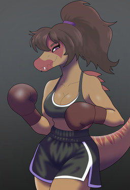 anthro athletic athletic_anthro athletic_female athletic_wear black_bottomwear black_bra black_clothing black_shorts black_underwear bottomwear boxing_gloves bra breasts brown_body brown_hair clothed clothed_anthro clothed_female clothing female front_view grey_background gym_bottomwear gym_shorts hair handwear long_hair looking_at_viewer markings medium_breasts non-mammal_breasts purple_eyes shorts simple_background smile smirk solo sports_bra standing striped_markings stripes tail underwear garavakarian cavemanon_studios snoot_game fan_character samantha_(tranzilla_jack) dinosaur prehistoric_species reptile saurischian scalie spinosaurid spinosaurus theropod colored hi_res portrait shaded three-quarter_portrait