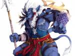 anthro braided_hair broken_horn ear_piercing facial_hair hair horn male melee_weapon muscular muscular_anthro muscular_male piercing polearm solo spear weapon white_hair lowerkuo final_fantasy final_fantasy_x square_enix kimahri felid mammal ronso