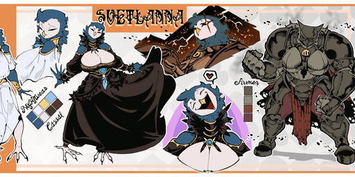 anthro armor armored_body armored_boots beak belly big_breasts black_clothing black_dress black_eyes blue_body blue_feathers blue_hair breasts claws cleavage clothed clothing dress eyes_closed feathers female female_anthro finger_claws gauntlets gloves hair handwear headgear heart_symbol helmet huge_breasts open_beak open_mouth slightly_chubby smile smiling_at_viewer solo standing thick_thighs toe_claws wide_hipped_anthro wide_hipped_female wide_hipped_humanoid wide_hips leikdaz svetlanna_(somebirdorsomething) animal_humanoid avian avian_humanoid bird bird_humanoid humanoid owl owl_humanoid absurd_res hi_res model_sheet