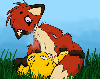 anthro blue_eyes bodily_fluids breath brown_nose cowgirl_position cum cum_in_vagina cum_inside dipstick_tail duo erection eye_contact facial_markings female female_on_top female_penetrated from_front_position fur genital_fluids genitals grass head_markings interspecies looking_at_another lying male male/female male_on_bottom male_penetrating male_penetrating_female markings nude on_back on_bottom on_top open_mouth outside panting penetration penile penile_penetration penis penis_in_vagina plant red_body red_fur sex sky steamy_breath straddling sweat tail tail_markings teeth vaginal vaginal_fluids vaginal_penetration vulva yellow_body yellow_fur junglepony jungledyret_hugo hugo_(jungledyret) rita_(jungledyret) canid canine fox mammal marsupial red_fox true_fox vombatiform