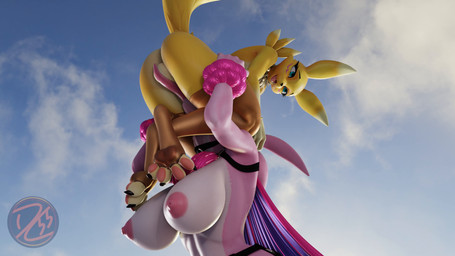 anthro balls big_breasts breasts carrying_another carrying_partner duo fellatio female fur genitals gynomorph gynomorph/female intersex intersex/female nipples oral penetration penile penis pink_body sex tail tongue tongue_out yellow_body yellow_fur dannychoi55 mayosplash_(modeler) bandai_namco digimon palworld pocketpair digi_(yourdigimongirl) lovander_(mayosplash) digimon_(species) lovander pal_(species) 3d_(artwork) 3d_animation animated digital_media_(artwork) hi_res short_playtime video