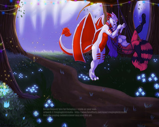 anthro detailed_background duo female flower forest lights male male/female markings nature nude plant romantic romantic_ambiance romantic_couple swing tail tree wood singingbirdstudio mythology domestic_cat dragon felid feline felis hybrid mammal mythological_creature mythological_scalie scalie 5:4
