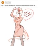 2021 anthro ask_blog bow_ribbon clothing colubrid confident corn_snake cornelia_(glacierclear) curious_cat determination determined dialogue digital_media_(artwork) english_text female flat_chested flexing glacierclear lampropeltini legwear markings nurse_clothing nurse_uniform rat_snake red_eyes reptile scales scalie simple_background skinny slim smile snake solo tail tail_markings text thigh_highs uniform white_background white_body white_scales wide_hips