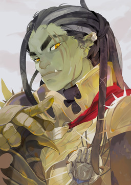 armor black_hair clothing eyelashes female gloves gold_(metal) gold_armor green_body green_skin hair handwear long_hair looking_at_viewer scar simple_background solo tusks white_background yellow_eyes jollux_(artist) humanoid orc 2023 absurd_res half-length_portrait hi_res portrait