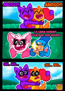 anthro blue_body camera female group hug male orange_body purple_body references text white_body rocketlennon mob_entertainment nightmare_critters poppy_playtime smiling_critters catnap_(poppy_playtime) dogday_(poppy_playtime) maggie_mako_(poppy_playtime) rabie_baby_(poppy_playtime) aquatic bat canid canine canis domestic_cat domestic_dog felid feline felis fish mammal shark absurd_res comic hi_res spanish_text
