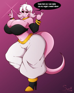 bandeau beckoning big_breasts black_sclera breast_squish breasts claws cleavage clothed clothing curvy_figure dialogue ear_piercing ear_ring eyelashes female fingers footwear gesture hair high_heels hourglass_figure huge_breasts humanoid_pointy_ears long_tail looking_at_viewer midriff navel not_furry piercing pink_background pink_body pink_skin pointy_ears red_eyes ring_piercing shoes simple_background small_waist solo squish tail talking_to_viewer text thick_thighs topwear white_hair wide_hipped_female wide_hipped_humanoid wide_hips superix dragon_ball dragon_ball_fighterz android_21 majin_android_21 alien alien_humanoid humanoid majin 2019 absurd_res artist_name digital_media_(artwork) english_text hi_res signature