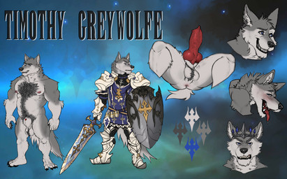 animal_genitalia animal_penis anthro arm_tuft armor ball_tuft balls blue_eyes body_hair canine_genitalia canine_penis cheek_tuft chest_hair elbow_tuft facial_tuft front_view fur genitals grey_body grey_fur happy_trail holding_melee_weapon holding_object holding_shield holding_sword holding_weapon knot male male_anthro melee_weapon muscular muscular_anthro muscular_male neck_tuft nipples nude open_mouth penis pubes red_nipples red_penis red_tongue shield solo spread_legs spreading sword tongue tongue_out tuft vein veiny_penis weapon white_balls white_body white_fur chumbasket timothy_greywolfe canid canine canis mammal wolf absurd_res hi_res model_sheet