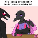 anthro breasts duo excited_expression female heart_eyes heart_symbol love male pose smile text angelasalazzle boobs?_wanna_touch_boobs? nintendo pokemon slayer_(theslay) generation_7_pokemon pokemon_(species) reptile salazzle scalie digital_media_(artwork) english_text hi_res