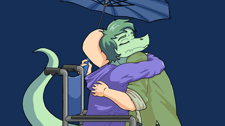 anthro bald clothed clothed_anthro clothed_female clothed_human clothed_male clothing disability duo eyes_closed female fingers freckled_face freckles frown green_body green_clothing green_hair green_jacket green_topwear hair holding_object holding_umbrella hoodie hug human_on_anthro humanoid_hands interspecies jacket male male/female paraplegic purple_clothing purple_hoodie purple_topwear short_hair side_view simple_background sitting tail topwear transparent_background umbrella vehicle wheelchair sebek_fereh_ra cavemanon_studios i_wani_hug_that_gator snoot_game anon_(snoot_game) olivia_halford baryonyx dinosaur human mammal prehistoric_species reptile saurischian scalie spinosaurid theropod 16:9 alpha_channel colored crossover hi_res shaded widescreen